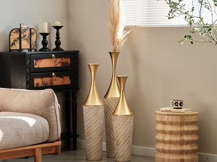 Floor Metal Vase Modern Style Decoration Home Woven Pattern Metal Vase 3 Piece Set Gorgeous Home Decoration Large Glazed Metal Vase - Champagne