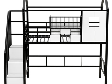 Metal Loft Bed With Roof Design And Storage Box With Guardrails And Integrated Ladder