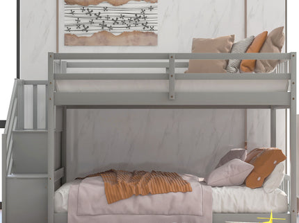Twin Over Twin Floor Bunk Bed, Ladder With Storage