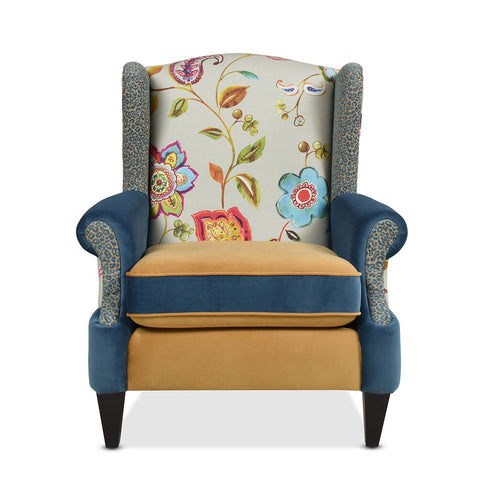 Anya - Boho Chic Wingback Accent Arm Chair - Floral / Leopard / Blue Teal / Yellow Gold