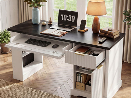 Modern Fluted Office Desk With Storage Cabinet