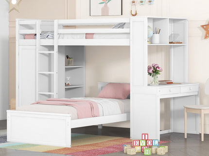 Loft Bed With A Stand Alone Bed, Shelves, Desk, And Wardrobe