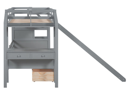 Bunk Bed With Storage Staircase, Slide, Desk, Drawers, And Shelves