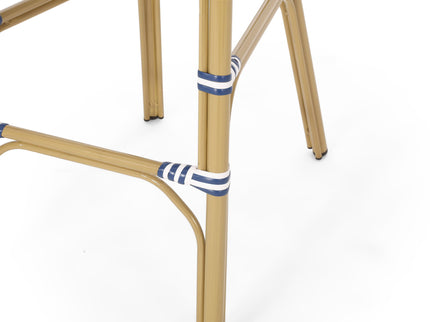 Outdoor Rattan French Barstool Set,, Bamboo, Seat Height - Navy Blue / White