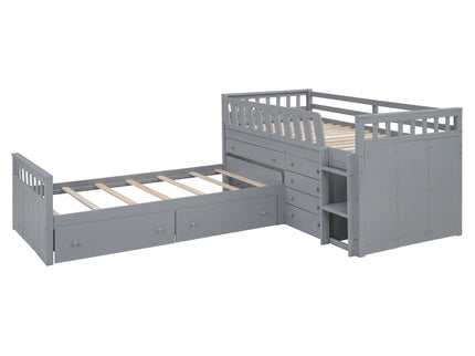 Loft Platform Bed With 7 Drawers And Full Guardrails, Modern L Shaped Space Savin