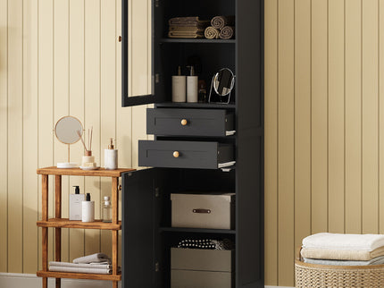 Tall Bathroom Storage Cabinet With Glass Doors, Free-Standing, Two Drawers, And Adjustable Shelves, Board, Painted Perfect For Displaying Your Favorite Items