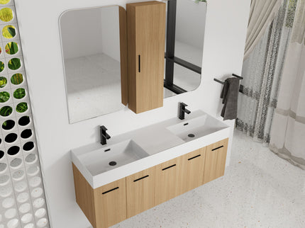 Floating Double Sink Bathroom Vanity Set With Tall Linen Cabinet, Extra Large Storage, Integrated Sink, Soft Close Doors - Glossy White / Light Oak