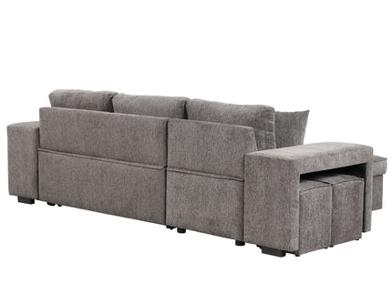 Modern L-Shape 3 Seat Reversible Sectional Couch, Pull Out Sleeper Sofa With Storage Chaise And 2 Stools For Living Room Furniture Set