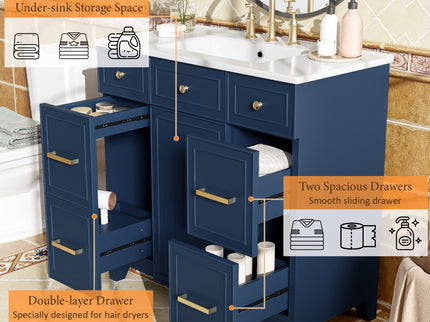 Bathroom Vanity With Ceramic Sink, Soft Close Doors, Adjustable Shelves