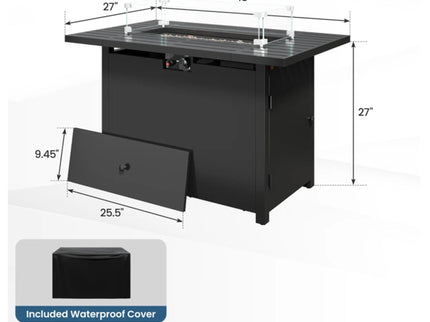 Outdoor 2 In 1 Gas Fire Pit Table With Lid & Glass Shield, Stainless Burner, Lava Rock, Rectangular Design - Black