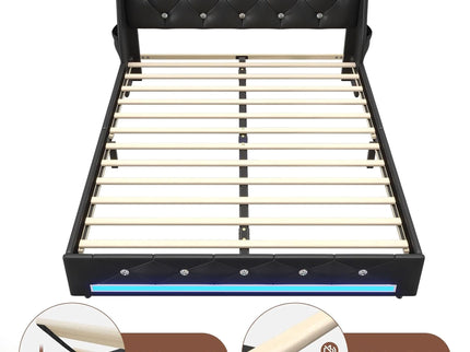 Wingback Upholstered Bed Frame With LED Lights, Charging Station