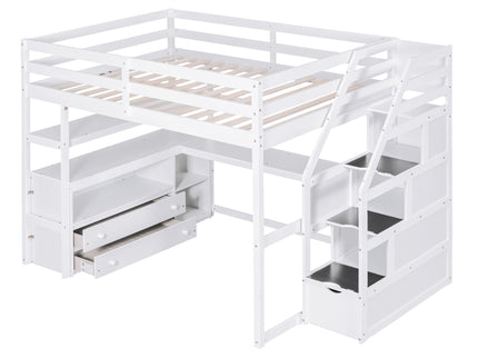 Loft Bed With Desk, Shelves, 2 Drawers, Storage Staircase