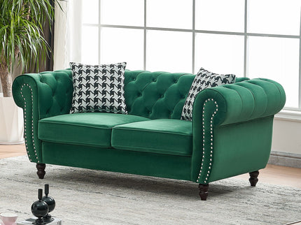 Chesterfield Fabric Sofa With Roll Armrest And Nailhead, Mid Century 2 Seater Couch