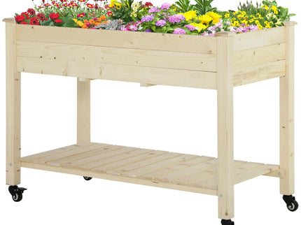 Outsunny - Raised Garden Bed, 47" x 22" x 33", Elevated Wooden Planter Box With Lockable Wheels, Storage Shelf, And Bed Liner For Backyard, Patio - Natural