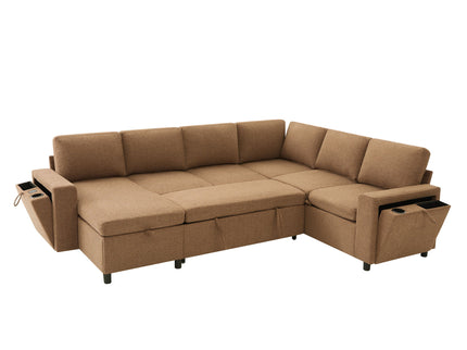 U - Shaped Convertible Sectional Sofa Bed With Storage, USB Charger & Cup Holders