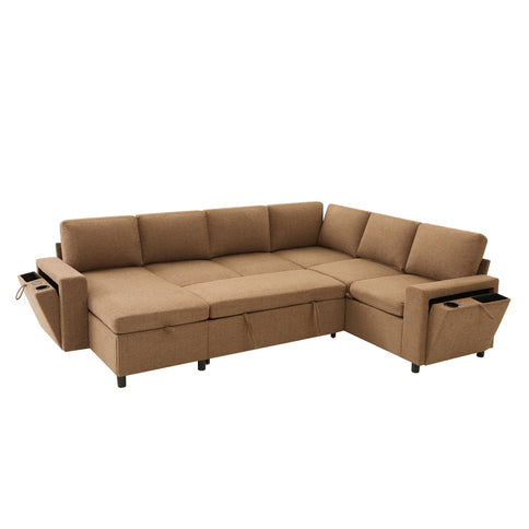 U - Shaped Convertible Sectional Sofa Bed With Storage, USB Charger & Cup Holders