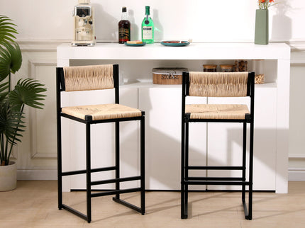 Bar Stools Paper Rope Weave Dining Chairs With Back Hand Weave Stools For Kichen Island, Bar & Counter (Set of 2)