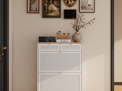 Modern Freestanding Shoe Cabinet With Flip Up Doors And Drawers, Compact Design For Entryway - White Natural