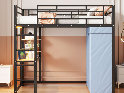 Loft Bed With Desk, Shelves, Power Outlet, LED Light And Wardrobe