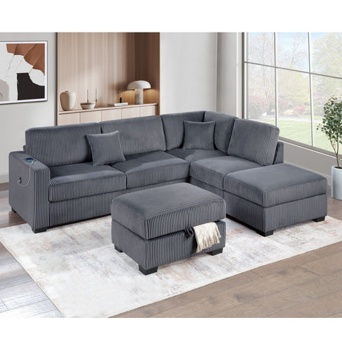 3 Piece Sectional Sofa With Reversible Chaise And USB Storage Ottoman