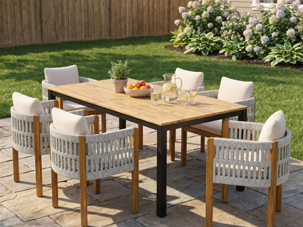 7 Piece Outdoor Dining Set With Table And Chairs - Beige / Teak / White