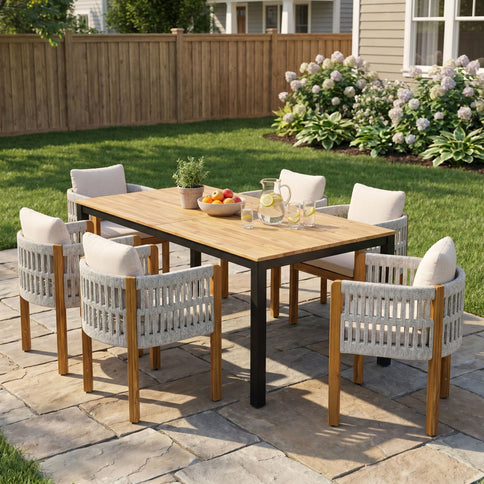 7 Piece Outdoor Dining Set With Table And Chairs - Beige / Teak / White