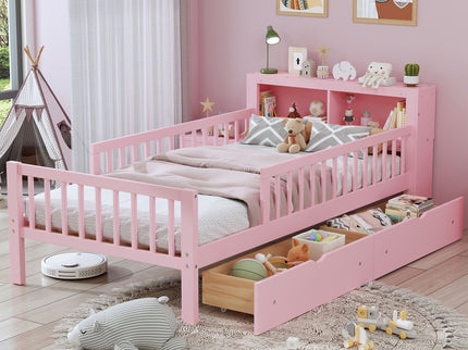Bed With Headboard Storage Rack, 2 Under Bed Drawers, 3 Side Guardrails For Safety