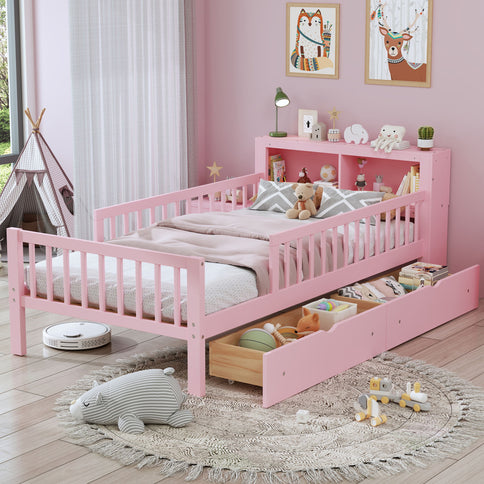 Bed With Headboard Storage Rack, 2 Under Bed Drawers, 3 Side Guardrails For Safety