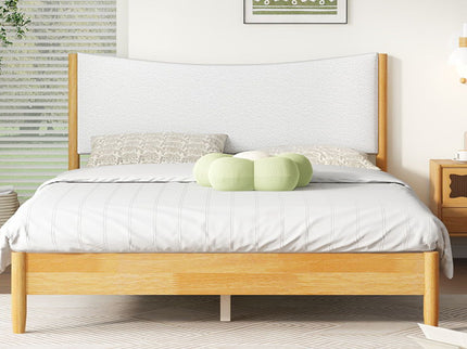 Queen Size Rubber Wooden, Solid Wooden Bed With Teddy Velvet Cushion Upholstered Headboard, Enhanced By Support Feet - Natural