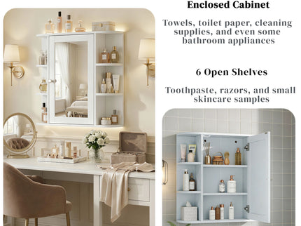 Bathroom Wall Storage Cabinet With Mirror And Adjustable Shelf, 6 Open Shelves