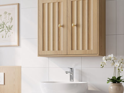 Wall Mounted Bathroom Cabinet With Double Doors And Vertical Grooved Design For Bathrooms - Oak