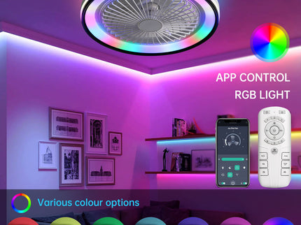 RGB Dimmable LED Enclosed Ceiling Fan With Light Flush Mount Bladeless, 6 Speed, Remote Control - White