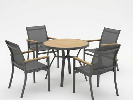 Gray Aluminum Patio Dining Set With Textilene Chairs, 5 Piece All Weather Round Table And 4 Seater For Garden, Deck, Or Porch