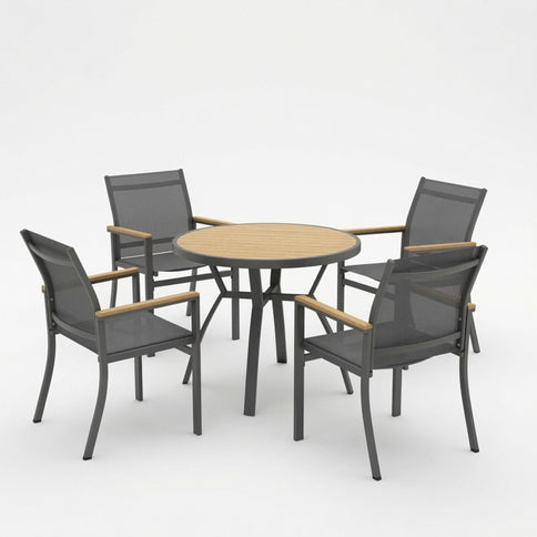 Gray Aluminum Patio Dining Set With Textilene Chairs, 5 Piece All Weather Round Table And 4 Seater For Garden, Deck, Or Porch