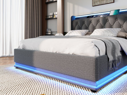 Upholstered Bed, 360 Surround LED Function, Remote Control, Hydraulic Storage Bed With USB, Type-C Charging (Without Mattress)