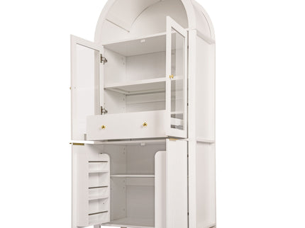 Fluted Tall Arched Pantry Cabinet With Adjustable Shelves, Glass Door & Hidden Drawer For Kitchen