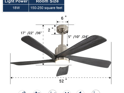 Modern Ceiling Fan With Dimmable LED Light 5 Solid Wood Blades Remote Control Reversible Dc Motor With Smart App Control - Nickel