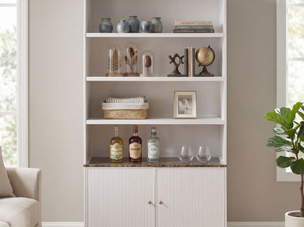 Tall Bookcase Storage Cabinet With 3 Open Shelves & Fluted Double Doors