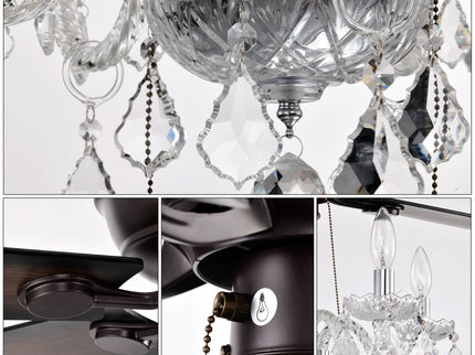 52" Crystal Shade Ceiling Fan Lamp, 3 Speed, 4 Timing, 5 Reversible Blades Crystal Ceiling Fan, 5 Pieces X E12 (No Include Bulb), Hand Pull Chain - Matte Black