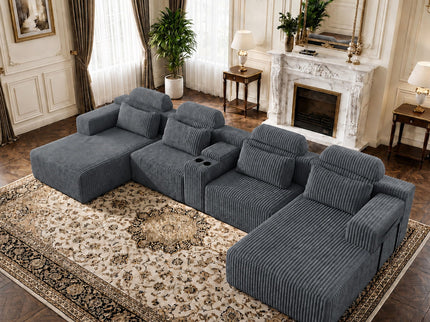 U-Shaped Sectional Sofa With Chaise Lounge And Cup Holders