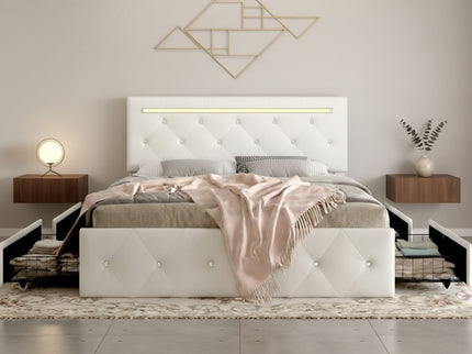 Upholstered Bed Frame With LED Lights, 4 Storage Drawers, Charging Station