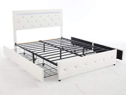 Upholstered Bed Frame With LED Lights, 4 Storage Drawers, Charging Station
