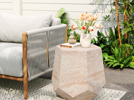 Outdoor / Indoor Lightweight Concrete Side Table, Hexagonal Round Travertine Accent Table - Beige