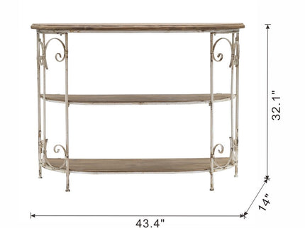3 Tiered Wooden Shelving Unit With Ornate Iron Frame - Multicolor