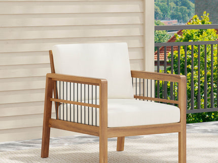 Club Chair With Slat Panel Design - Teak / Beige