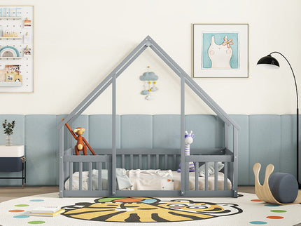 Wood House-Shaped Floor Bed With Fence, Guardrails