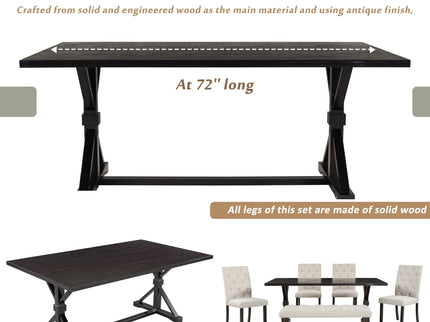6 Piece Dining Table Set With Rectangular Wood Table, 4 Upholstered Chairs, Bench