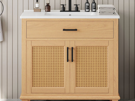 Bathroom Vanity With Ceramic Sink, Modern Free Standing Cabinet With Soft Close Drawers