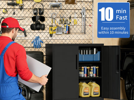 Heavy Duty Storage Cabinet With Lock, 2 Door File Cabinet With 2 Adjustable Shelves - Black
