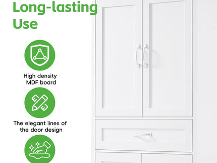 Tall Bathroom Storage Cabinet With 4 Doors 3 Drawers Adjustable Shelves - White
